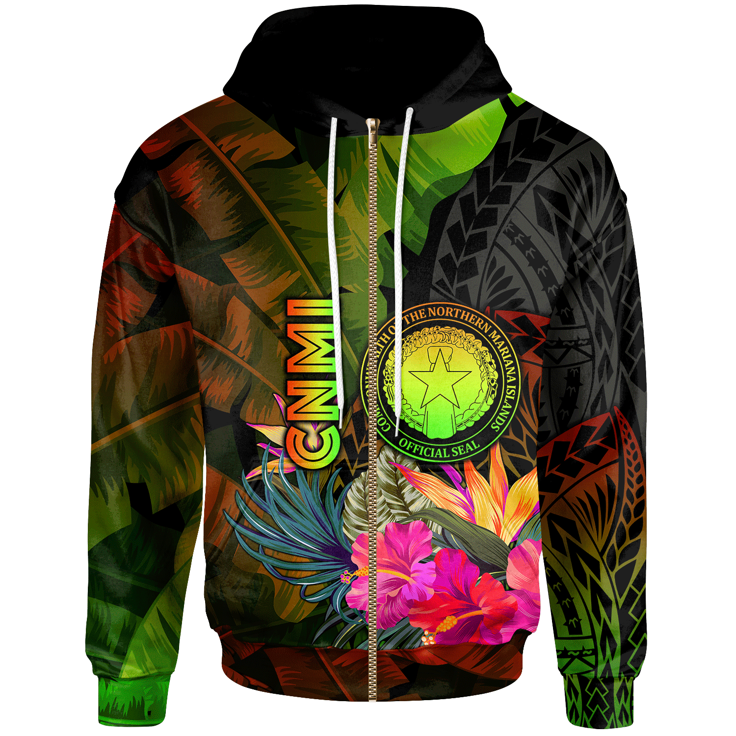 Northern Mariana Islands Polynesian Zip up Hoodie Hibiscus and Banana Leaves Unisex Reggae - Polynesian Pride