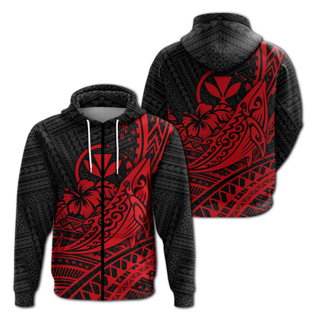 Hawaii Humpback Whale With Hibiscus Tribal Red Zip Hoodie LT12 Unisex Red - Polynesian Pride