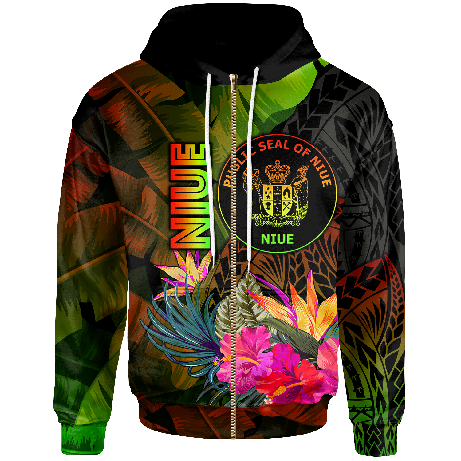 Niue Polynesian Zip up Hoodie Hibiscus and Banana Leaves Unisex Reggae - Polynesian Pride