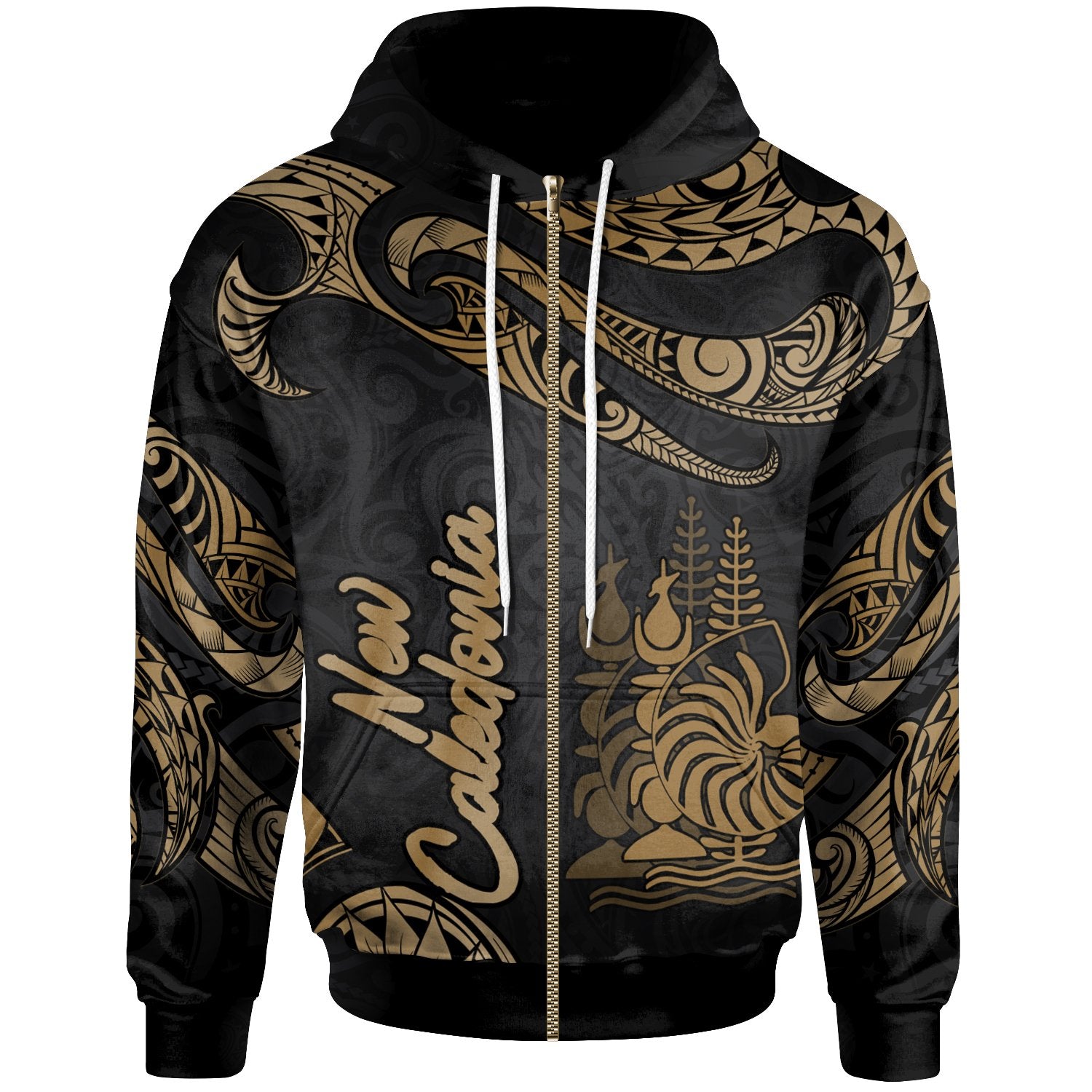 New Caledonia Polynesian Zip Hoodie Polynesian Tattoo Gold Version Unisex Gold - Polynesian Pride