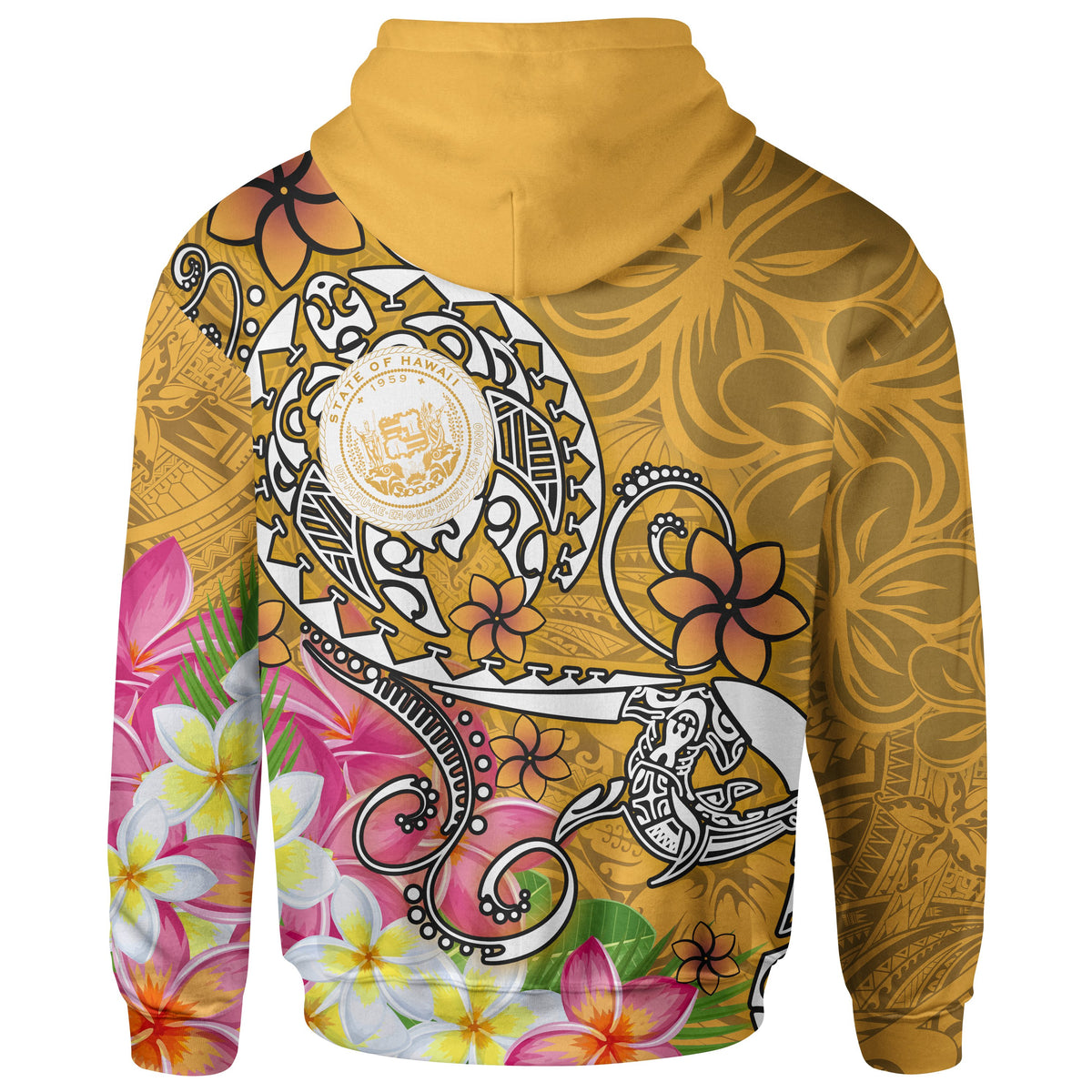 Hawaii Polynesian Hoodie Hawaii Seal With Turtle Plumeria (Gold) - Polynesian Pride
