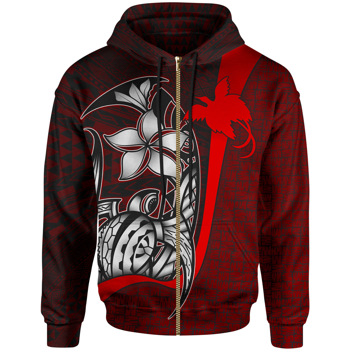 Papua New Guinea Polynesian Zip up Hoodie Red Turtle with Hook Unisex RED - Polynesian Pride