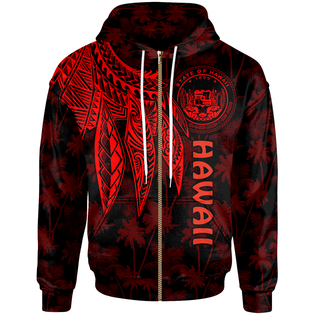 Polynesian Hawaii Zip up Hoodie Polynesian Wings (Red) Unisex Red - Polynesian Pride