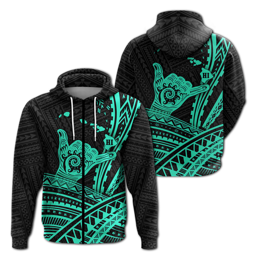 Hawaii Shaka Polynesian Tribal Turquoise Zip Hoodie LT12 Unisex Blue - Polynesian Pride