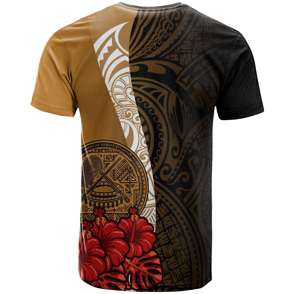 American Samoa Polynesian T Shirt Coat of Arms With Hibiscus Gold - Polynesian Pride