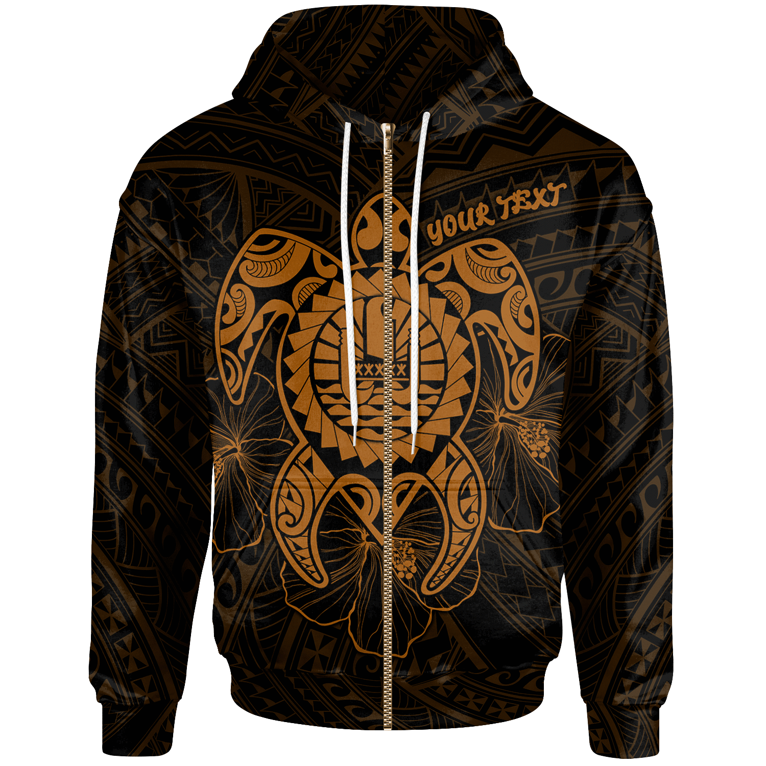 Tahiti Polynesian Custom Zip up Hoodie Vintage Polynesian Turtle (Golden) Unisex Blue - Polynesian Pride