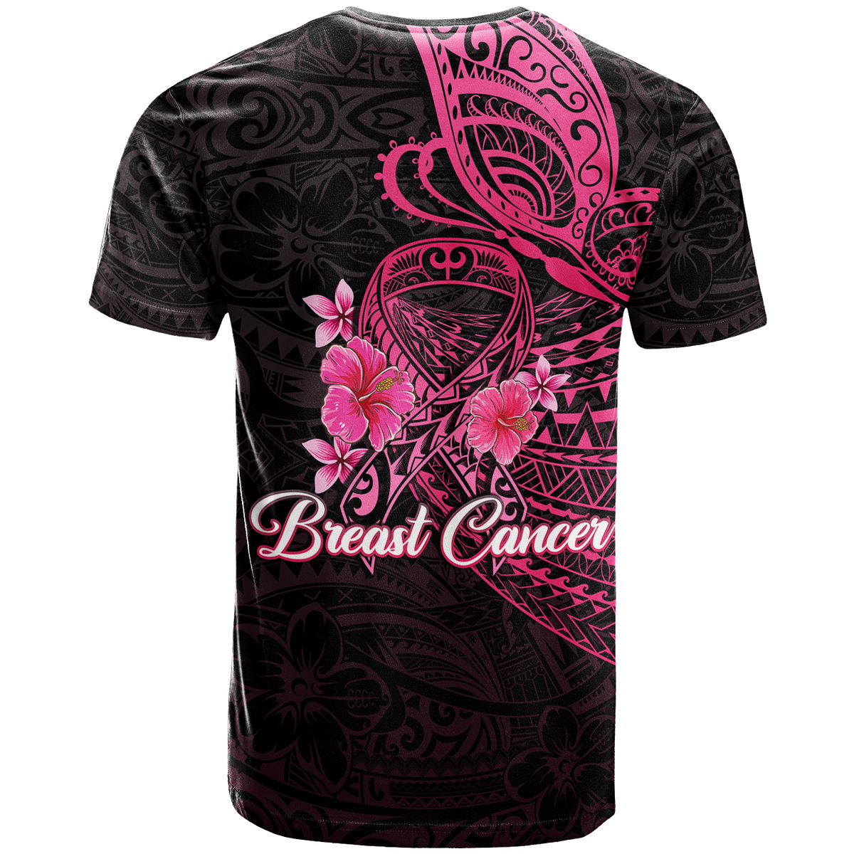 Breast Cancer Pink Ribbon Butterfly Polynesian Black Version T Shirt LT12 - Polynesian Pride
