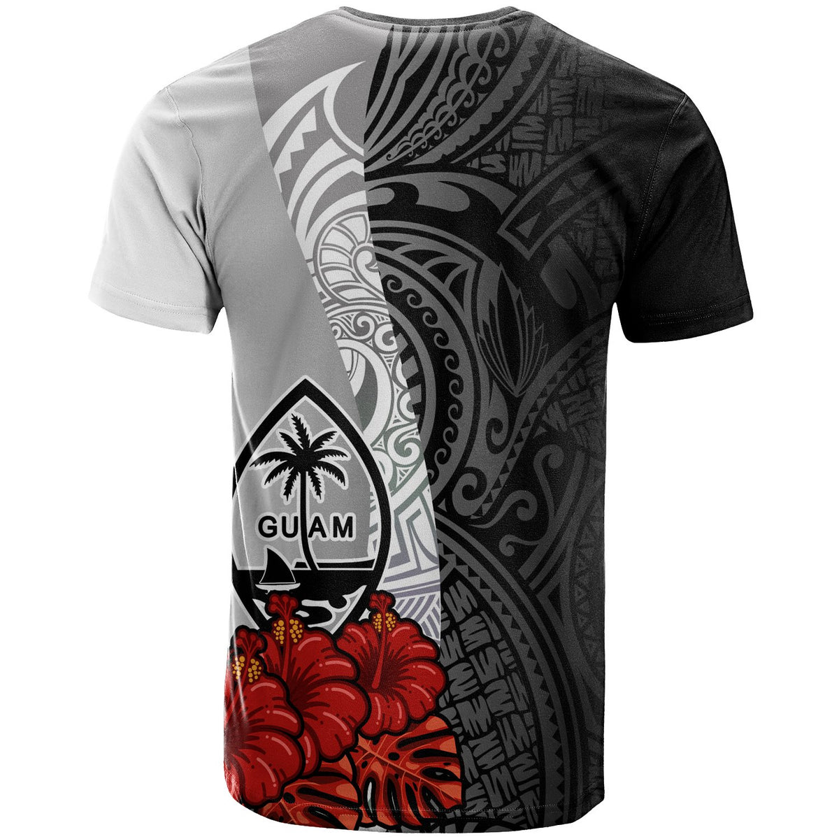 Guam Polynesian Custom T Shirt Coat of Arm With Hibiscus White - Polynesian Pride