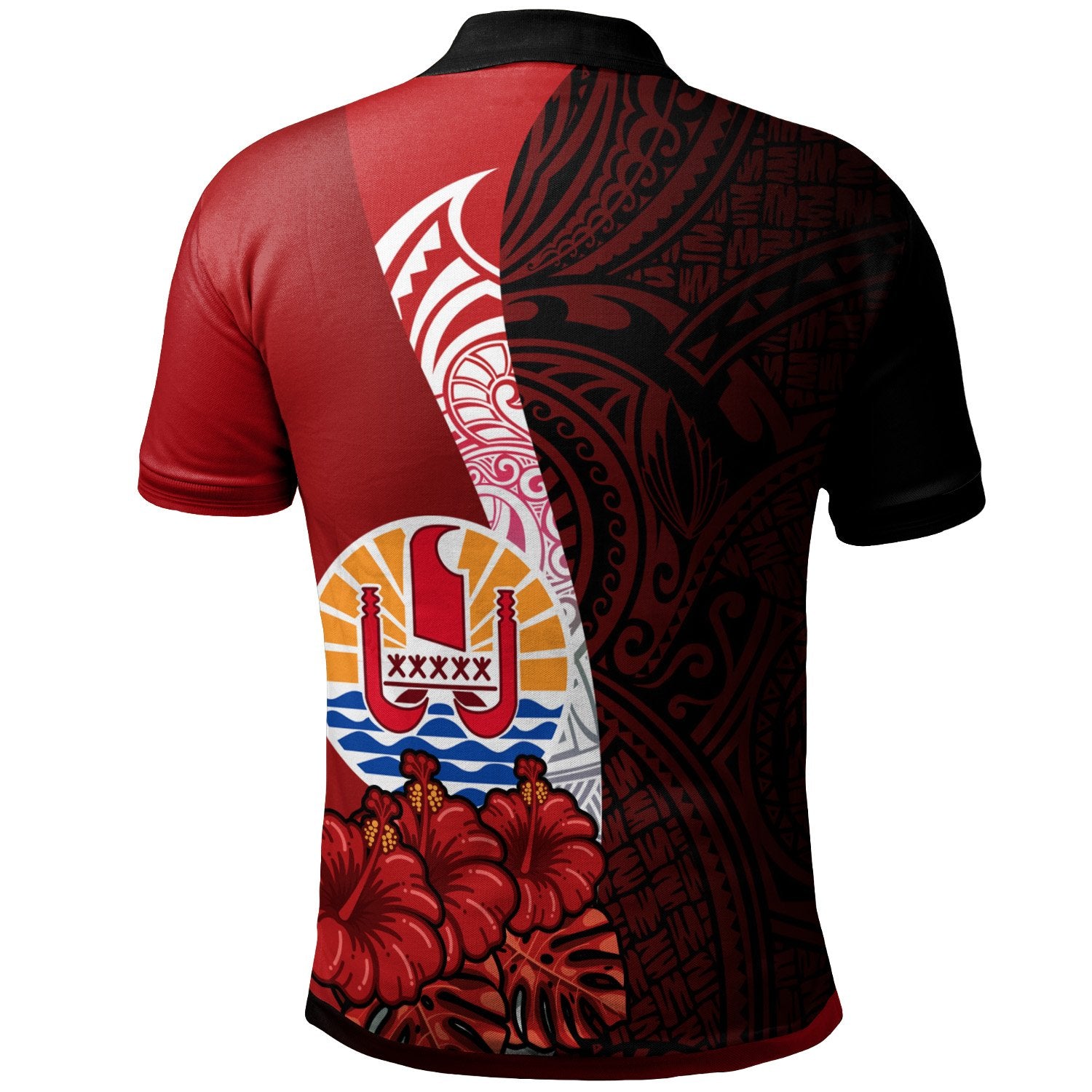 Tahiti Polynesian Polo Shirt - Coat of Arms With Hibiscus - Polynesian Pride