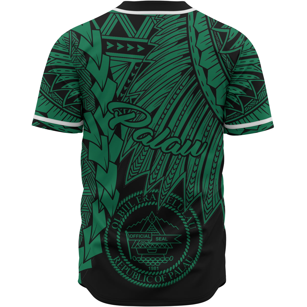 Palau Polynesian Custom Personalised Baseball Shirt - Tribal Wave Tattoo Green - Polynesian Pride
