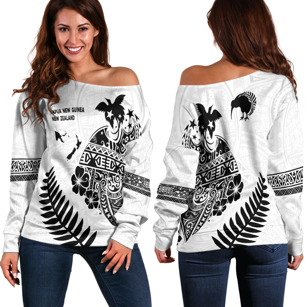 Papua New Guinea and New Zealand Off Shoulder Sweater White Maori Polynesian LT13 White - Polynesian Pride