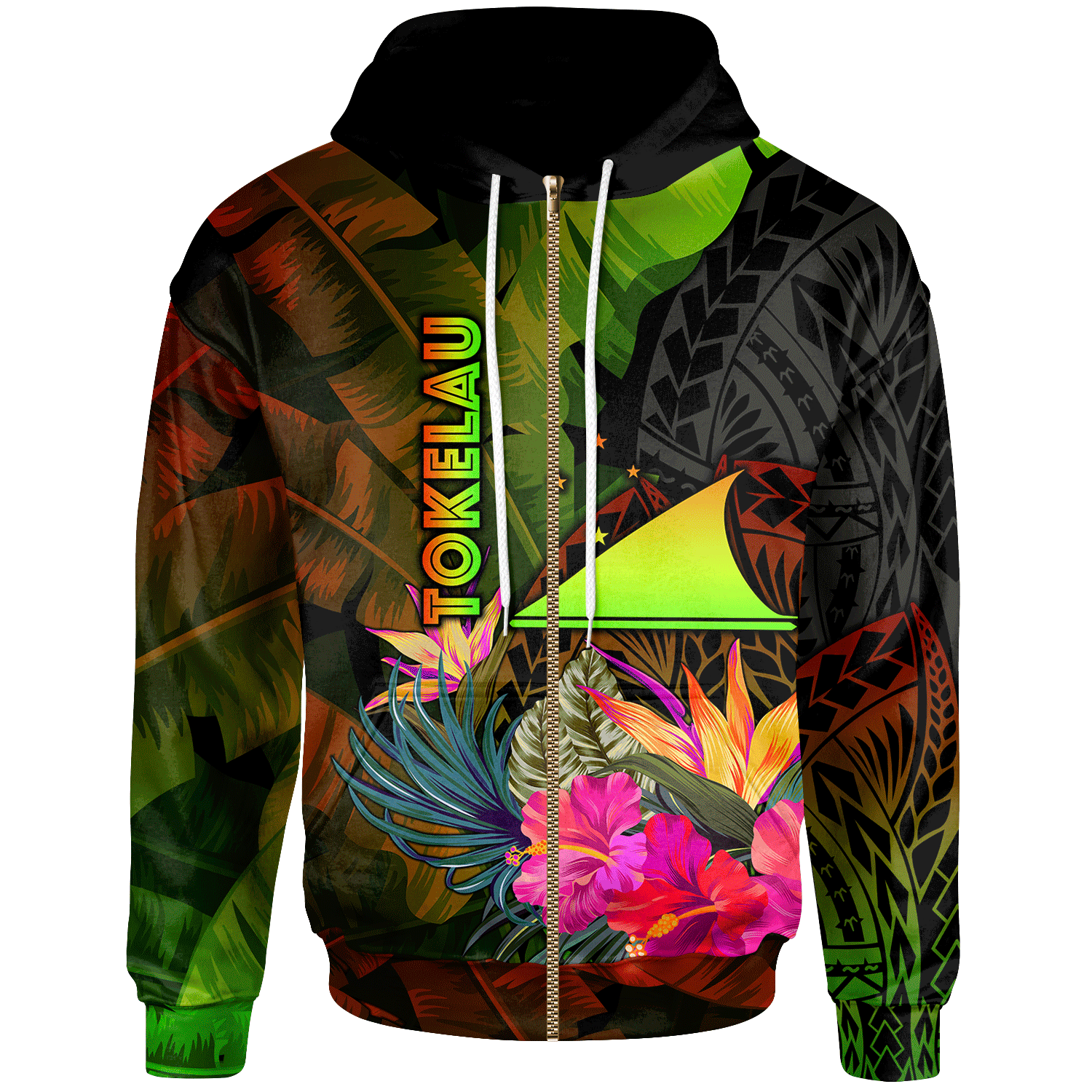 Tokelau Polynesian Zip up Hoodie Hibiscus and Banana Leaves Unisex Reggae - Polynesian Pride