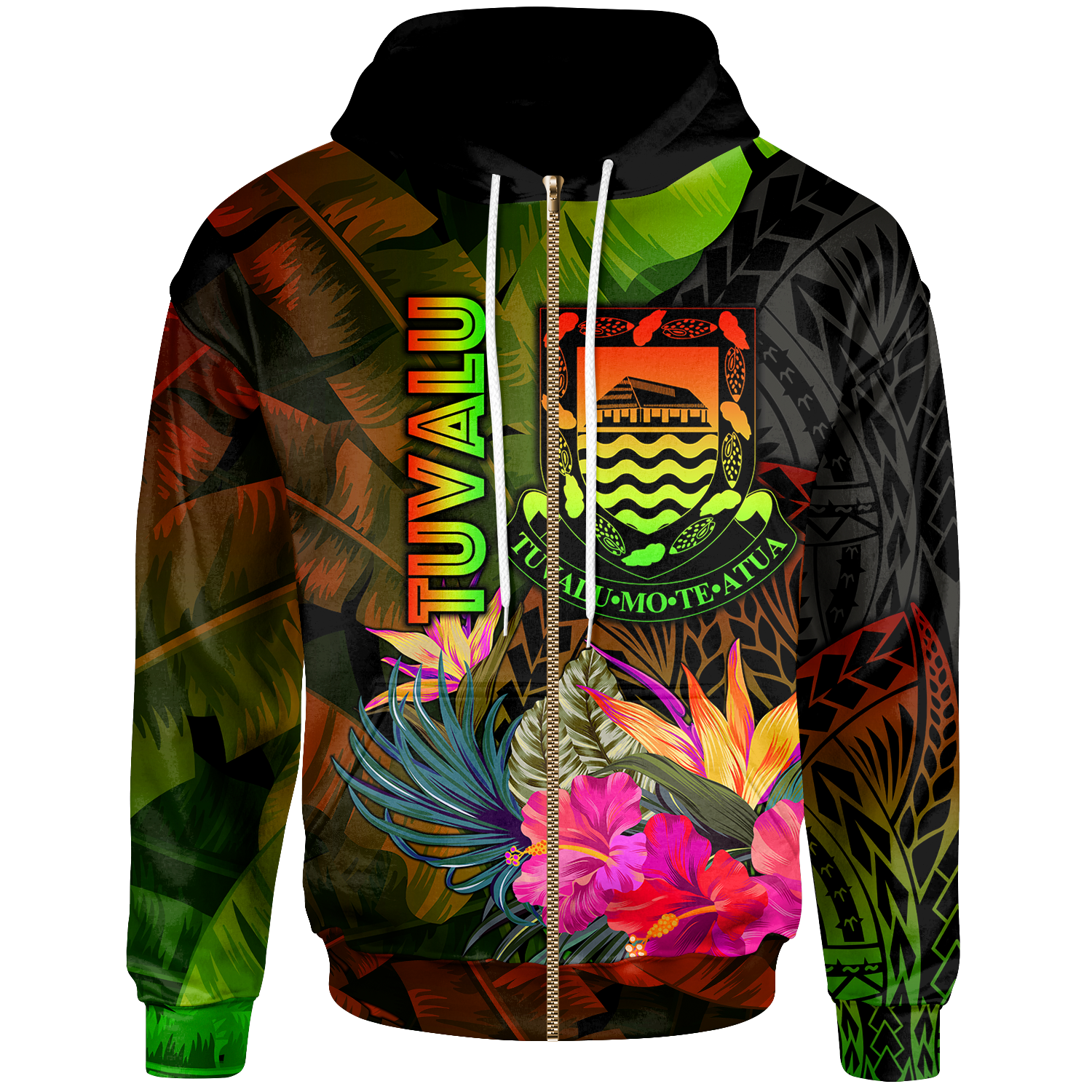 Tuvalu Polynesian Zip up Hoodie Hibiscus and Banana Leaves Unisex Reggae - Polynesian Pride