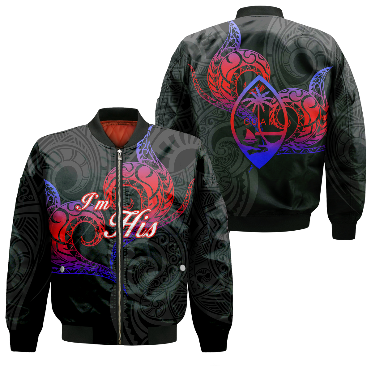 Valentine Day Guam Couple Im His Bomber Jacket Heart Tribal - LT12 Bomber Jacket Black - Polynesian Pride