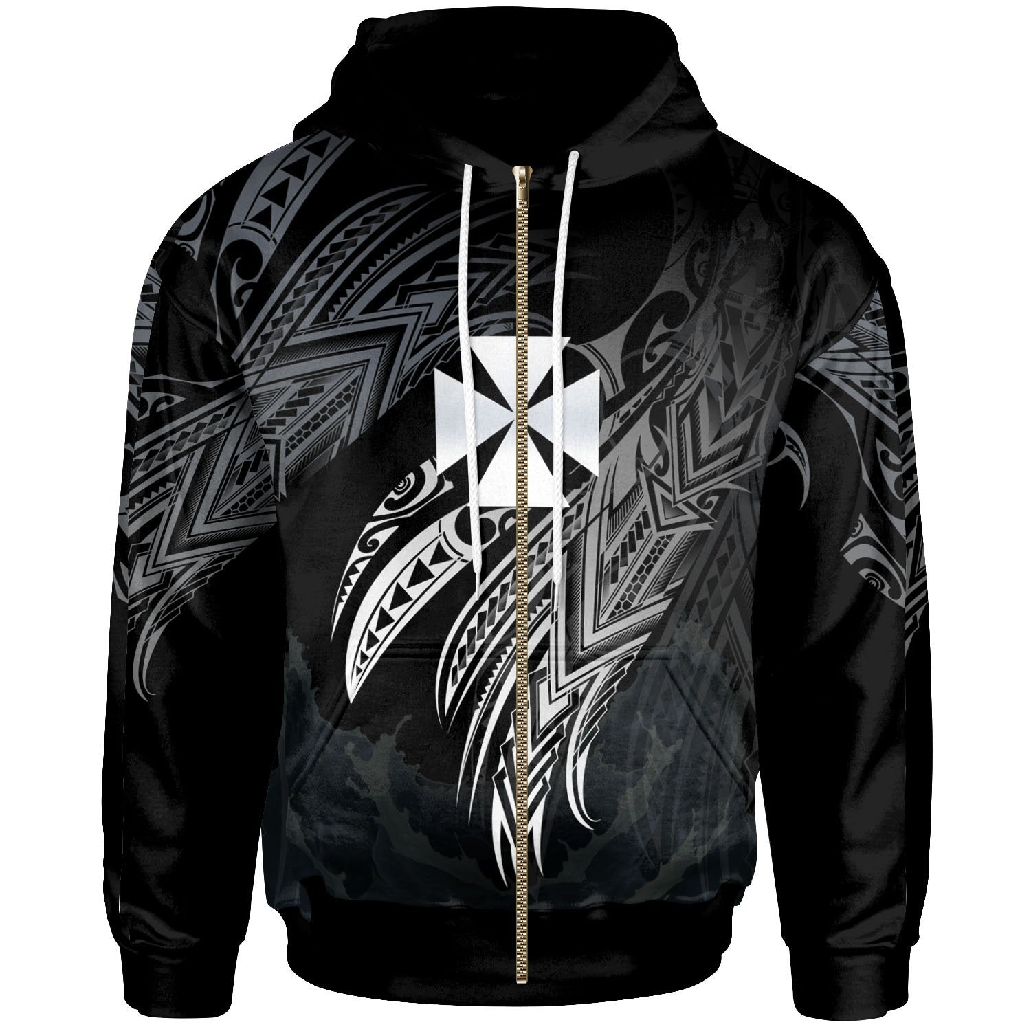 Wallis and Futuna Polynesian Zip Hoodie Legend White Version Unisex Black - Polynesian Pride