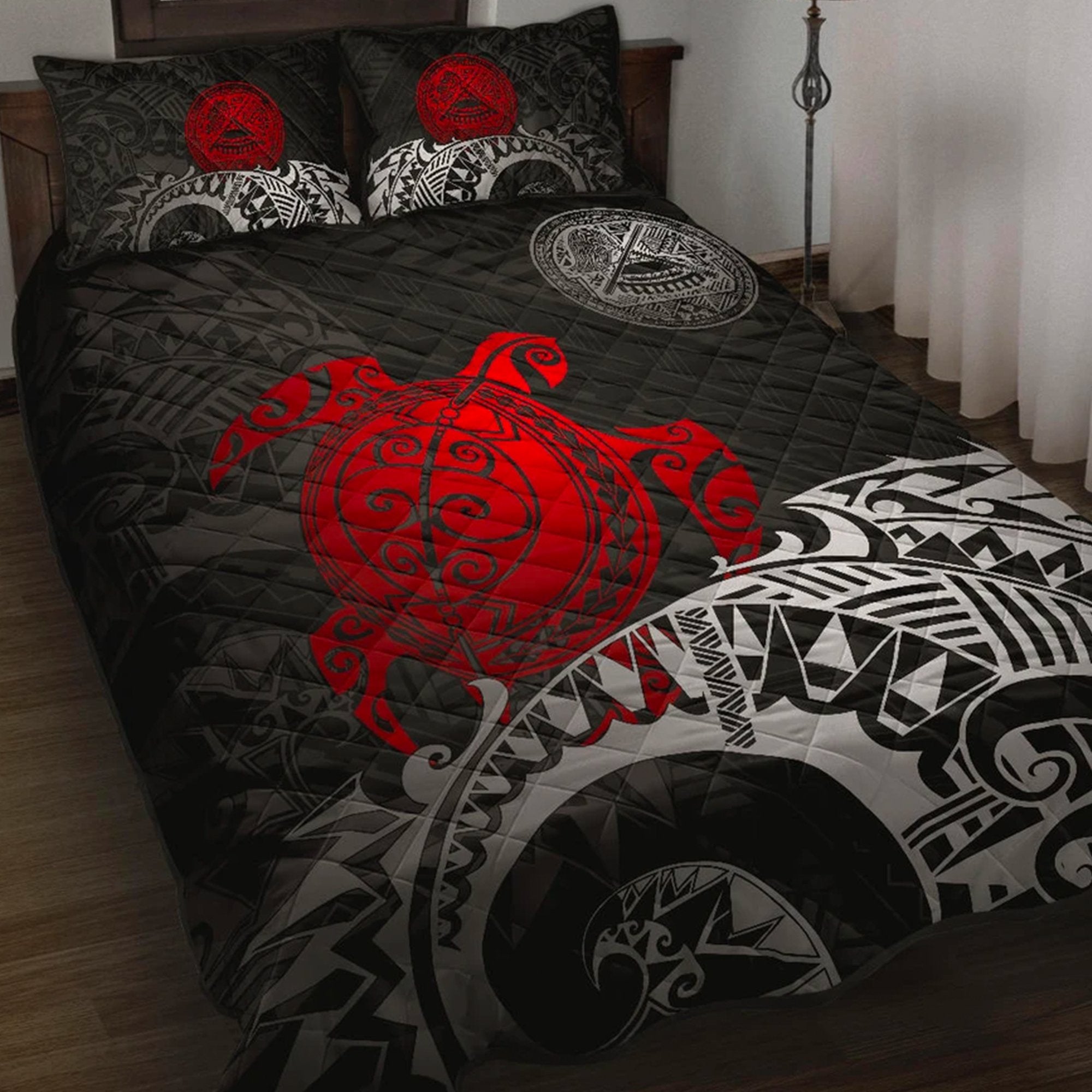 American Samoa Polynesian Quilt Bed Set - American Samoa Seal & Red Turtle Red - Polynesian Pride