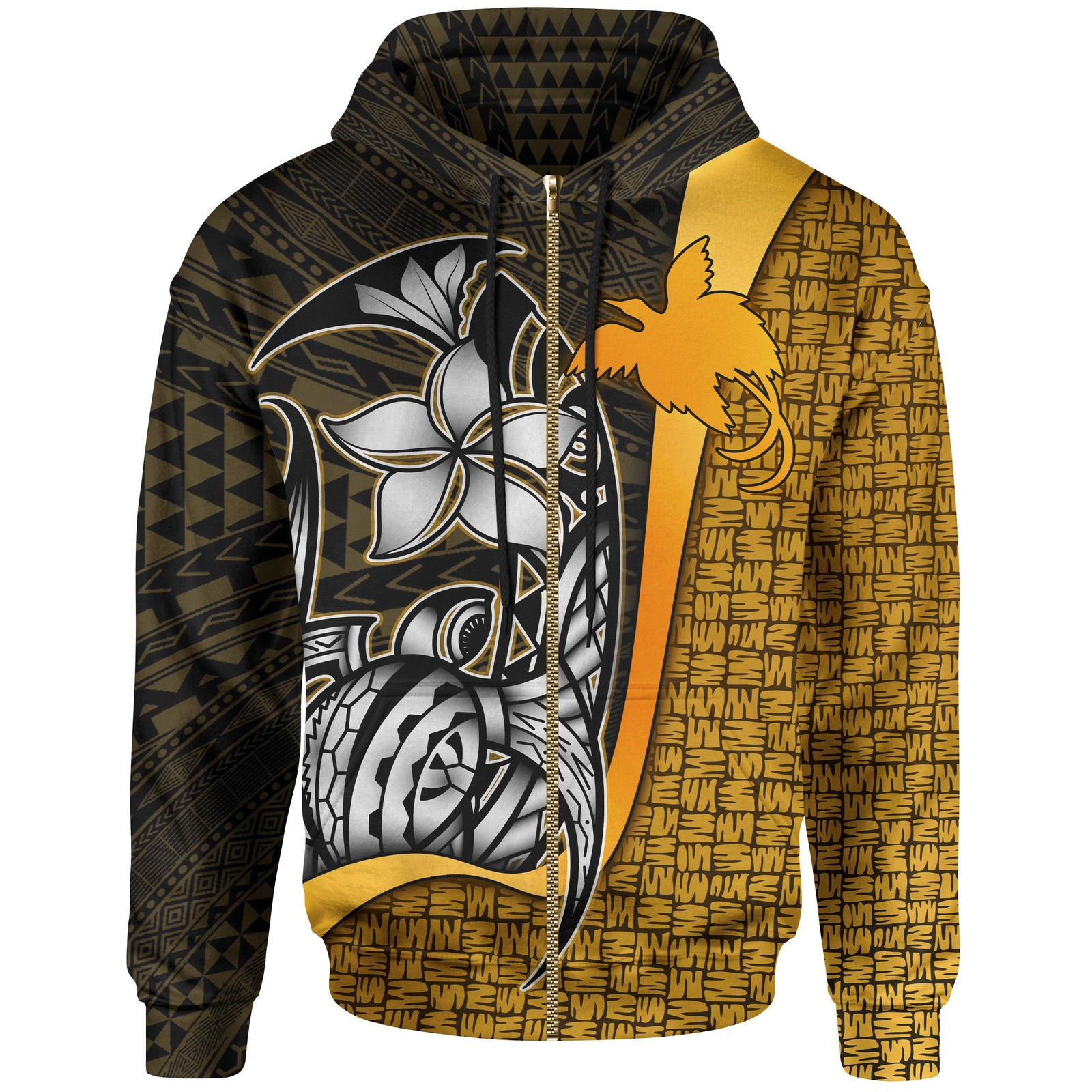 Papua New Guinea Polynesian Zip up Hoodie Gold Turtle with Hook Unisex GOLD - Polynesian Pride
