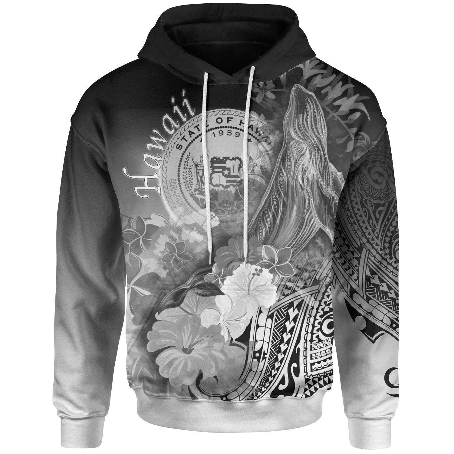 Polynesian Hawaii Hoodie Humpback Whale with Tropical Flowers (White) Unisex White - Polynesian Pride