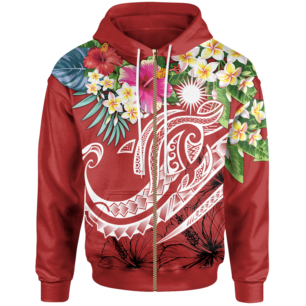 Marshall Islands Polynesian Zip up Hoodie Summer Plumeria (Red) Unisex Red - Polynesian Pride