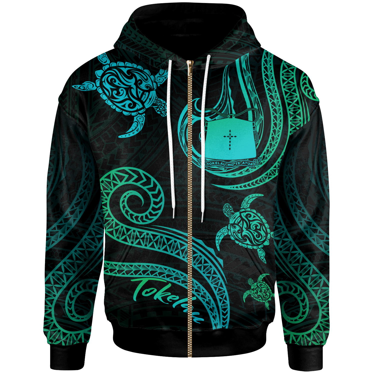 Tokelau Zip Hoodie Polynesian Turtle With Pattern Unisex Blue Green - Polynesian Pride