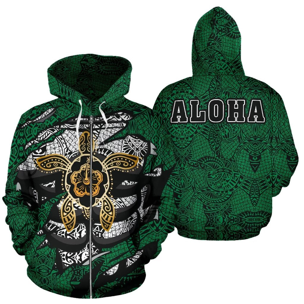 Hibiscus Polynesian Green Hawaii Turtle Hoodie (Zip) Unisex Green - Polynesian Pride