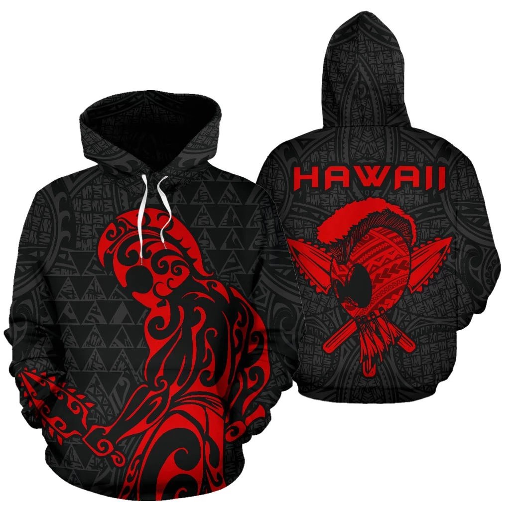 Polynesian Kakau Helmet Weapon Red Kanaka Warrior Hoodie Unisex Red - Polynesian Pride