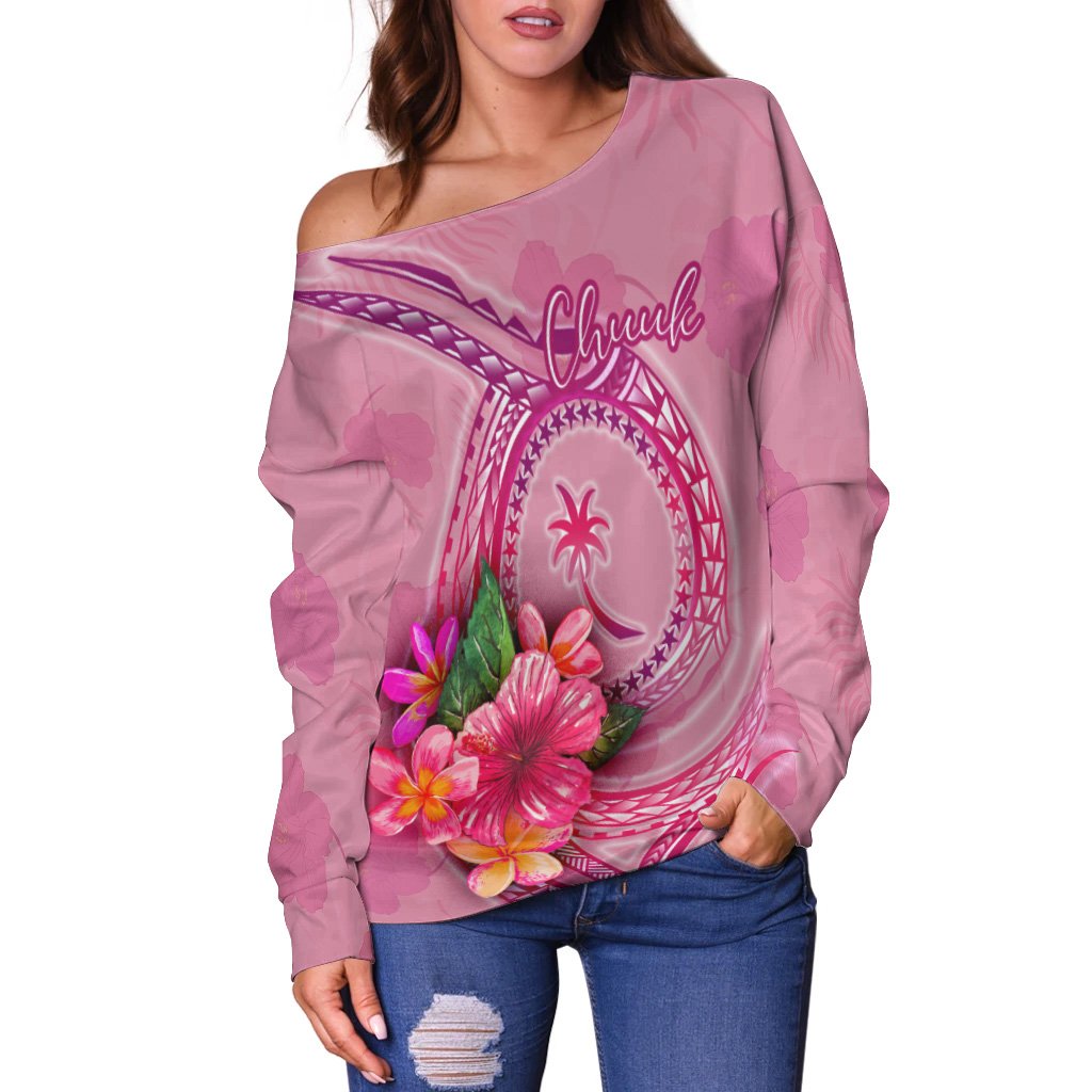 Chuuk Polynesian Women's Off Shoulder Sweater - Floral With Seal Pink - Polynesian Pride