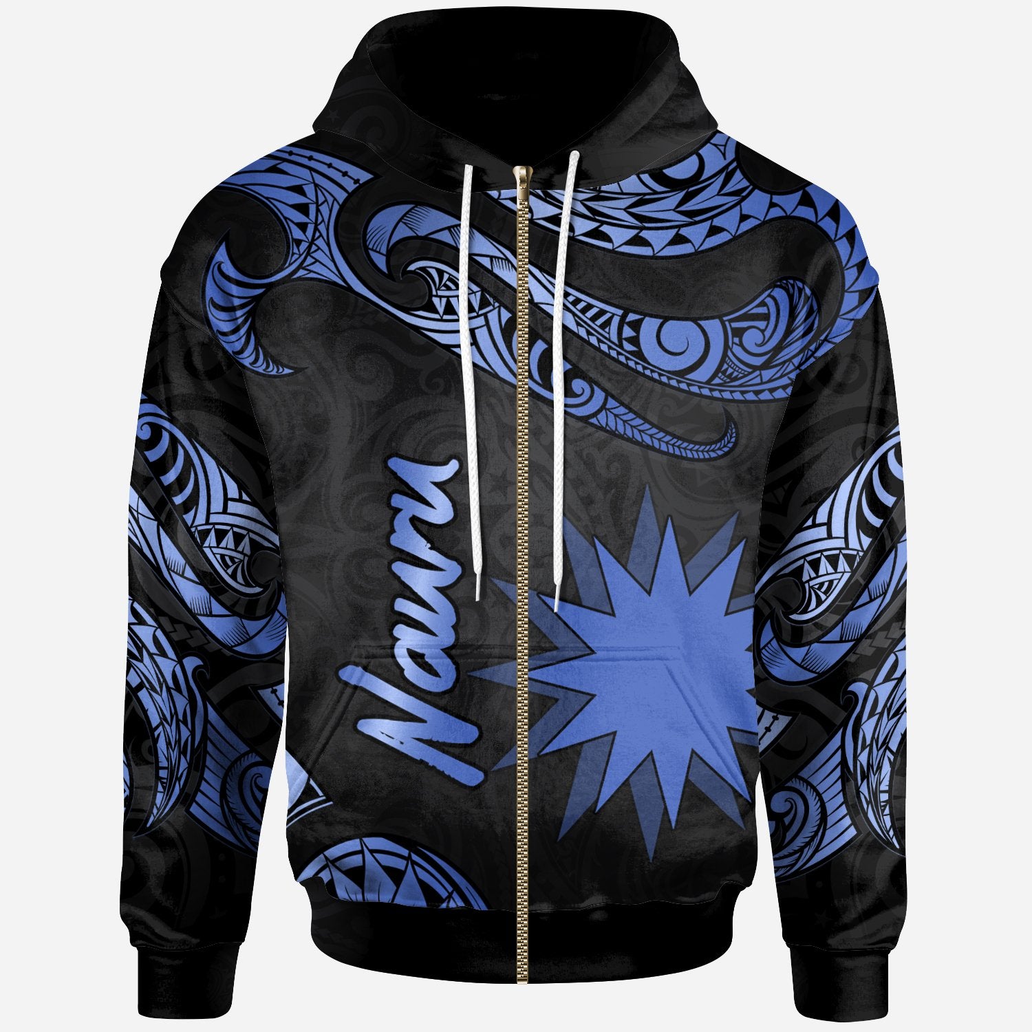 Nauru Polynesian Zip Hoodie Polynesian Tattoo Blue Version Unisex Blue - Polynesian Pride