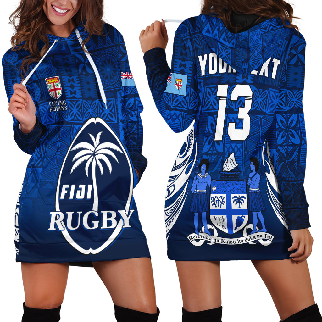 (Custom Text and Number) Fiji Rugby Hoodie Dress Flying Fijians Blue Tapa Pattern LT13 Blue - Polynesian Pride