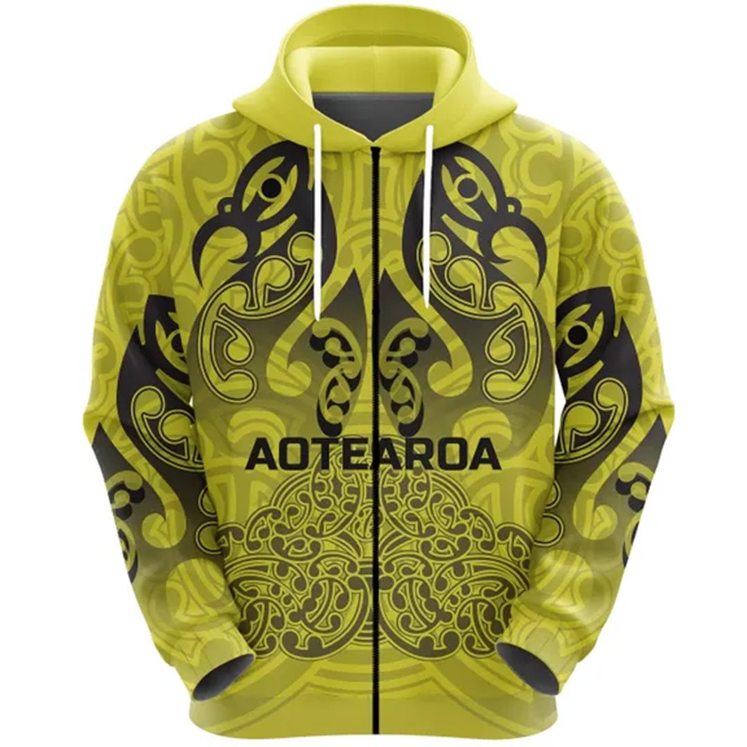 Custom Aotearoa Maori Rugby Zip Hoodie New Zealand Mount Taranaki Manaia, Custom Text and Number - Polynesian Pride