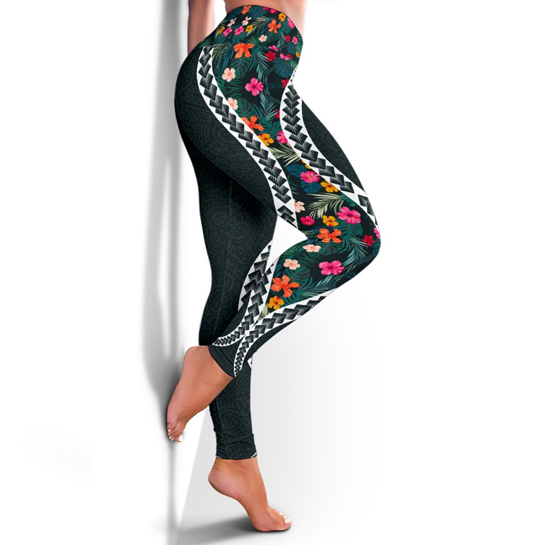 Hawaii Leggings - Polynesian Hibiscus Patterns Black - Polynesian Pride