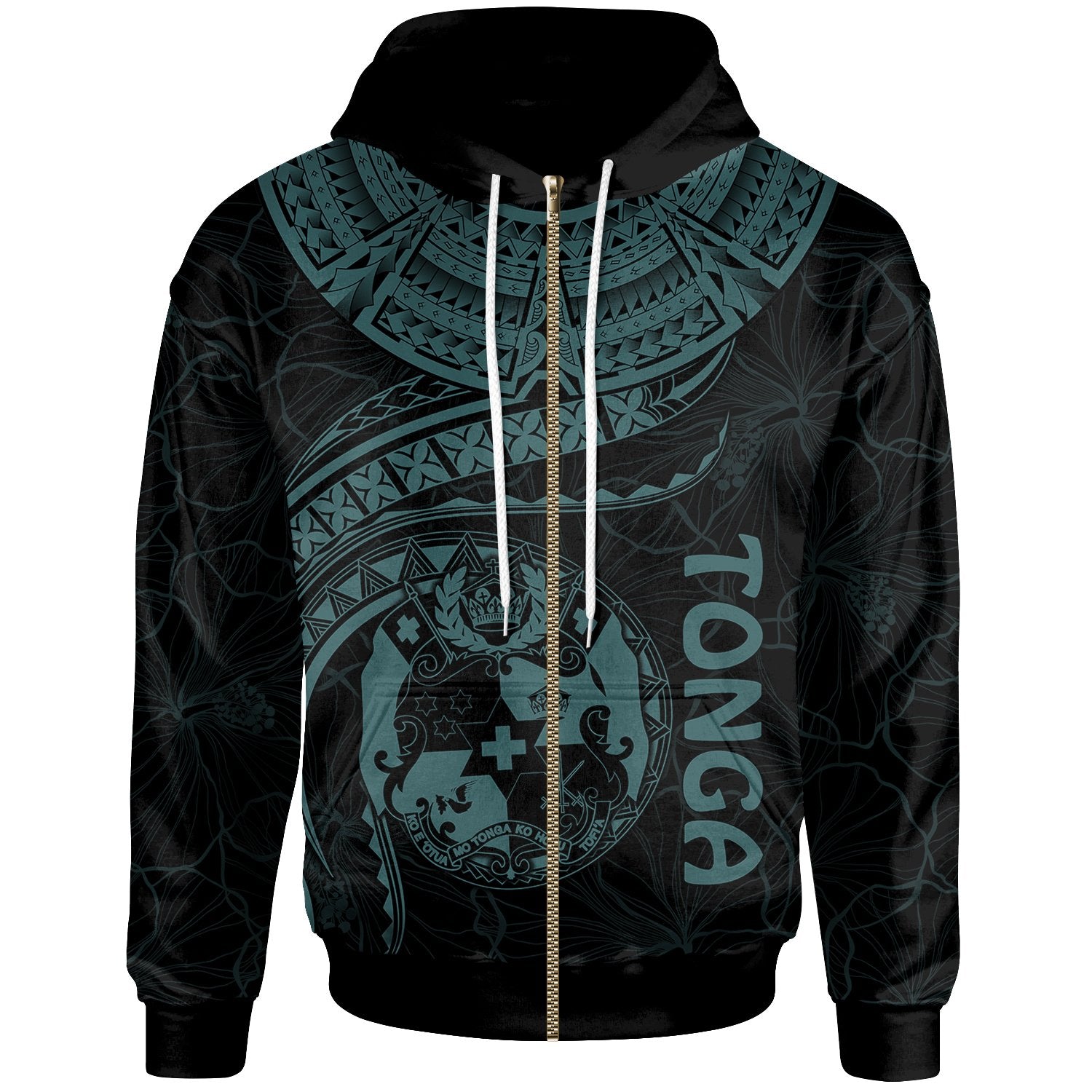 Tonga Polynesian Zip up Hoodie Tonga Waves (Turquoise) Unisex Black - Polynesian Pride