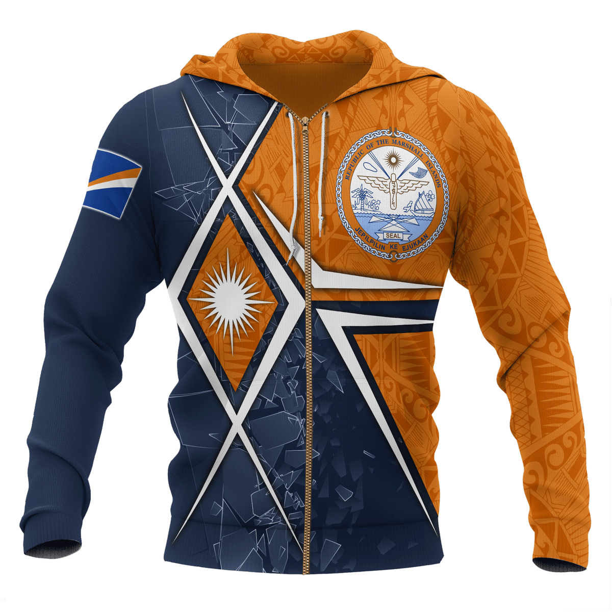 Marshall Islands Zip up Hoodie Marshall Islands Flag with Polynesian Patterns Unisex Orange - Polynesian Pride