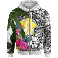 Hawaii Zip up Hoodie White Turtle Plumeria Banana Leaf Unisex White - Polynesian Pride