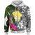 Hawaii Zip up Hoodie White Turtle Plumeria Banana Leaf Unisex White - Polynesian Pride