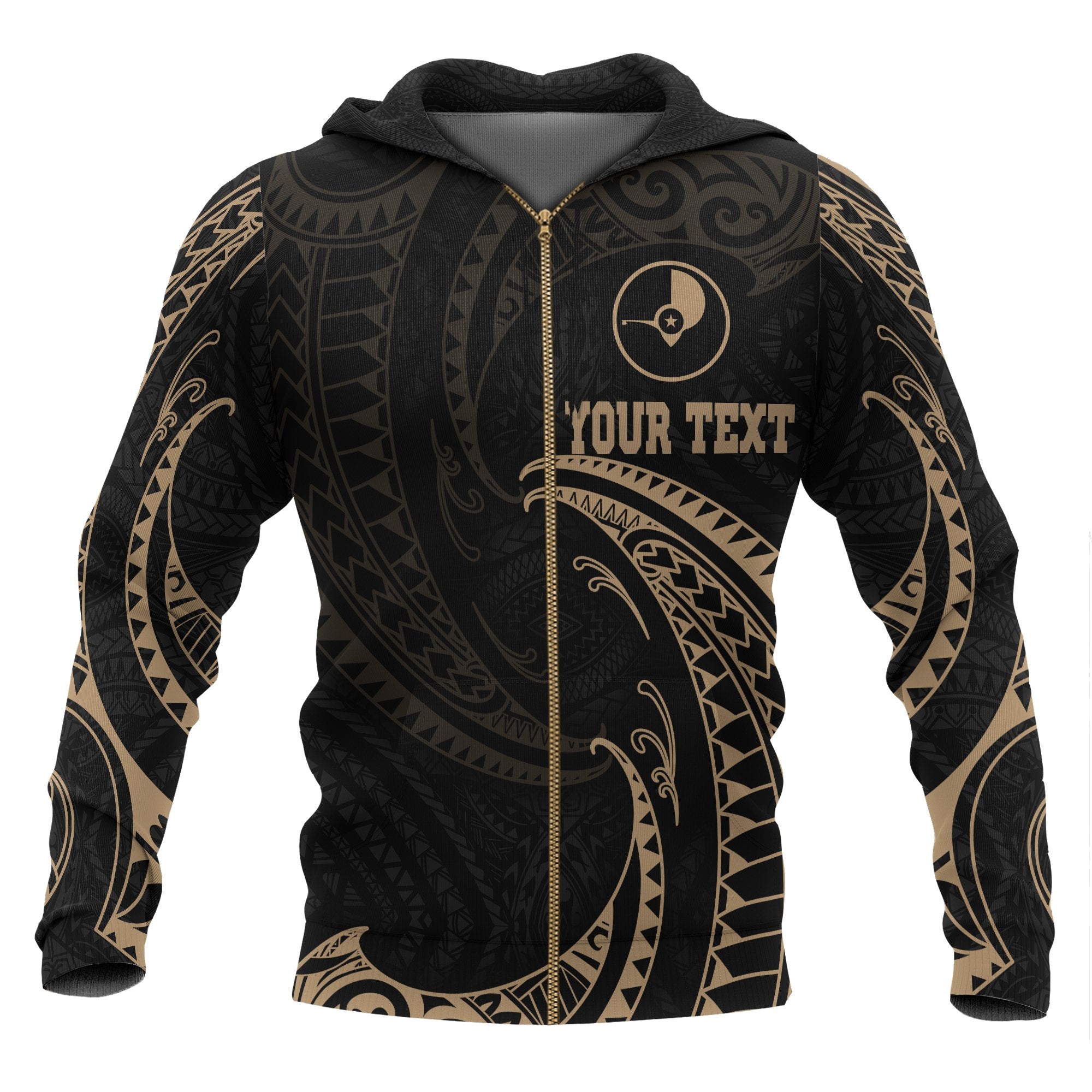 Yap Micronesia All Over Custom Zip up Hoodie Gold Tribal Wave Unisex Black - Polynesian Pride