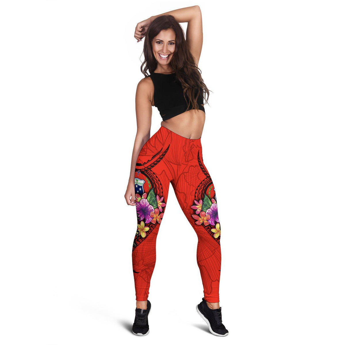 Samoa Polynesian Custom Personalised Women's Leggings - Floral With Seal Red - Polynesian Pride