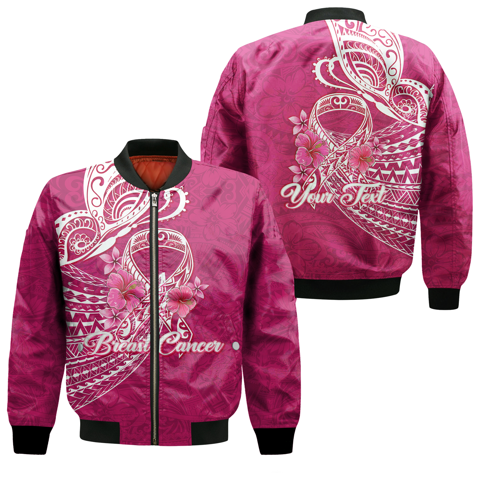 (Custom Personalised) Breast Cancer Pink Ribbon Butterfly Polynesian Pink Version Bomber Jacket - LT12 Bomber Jacket Pink - Polynesian Pride