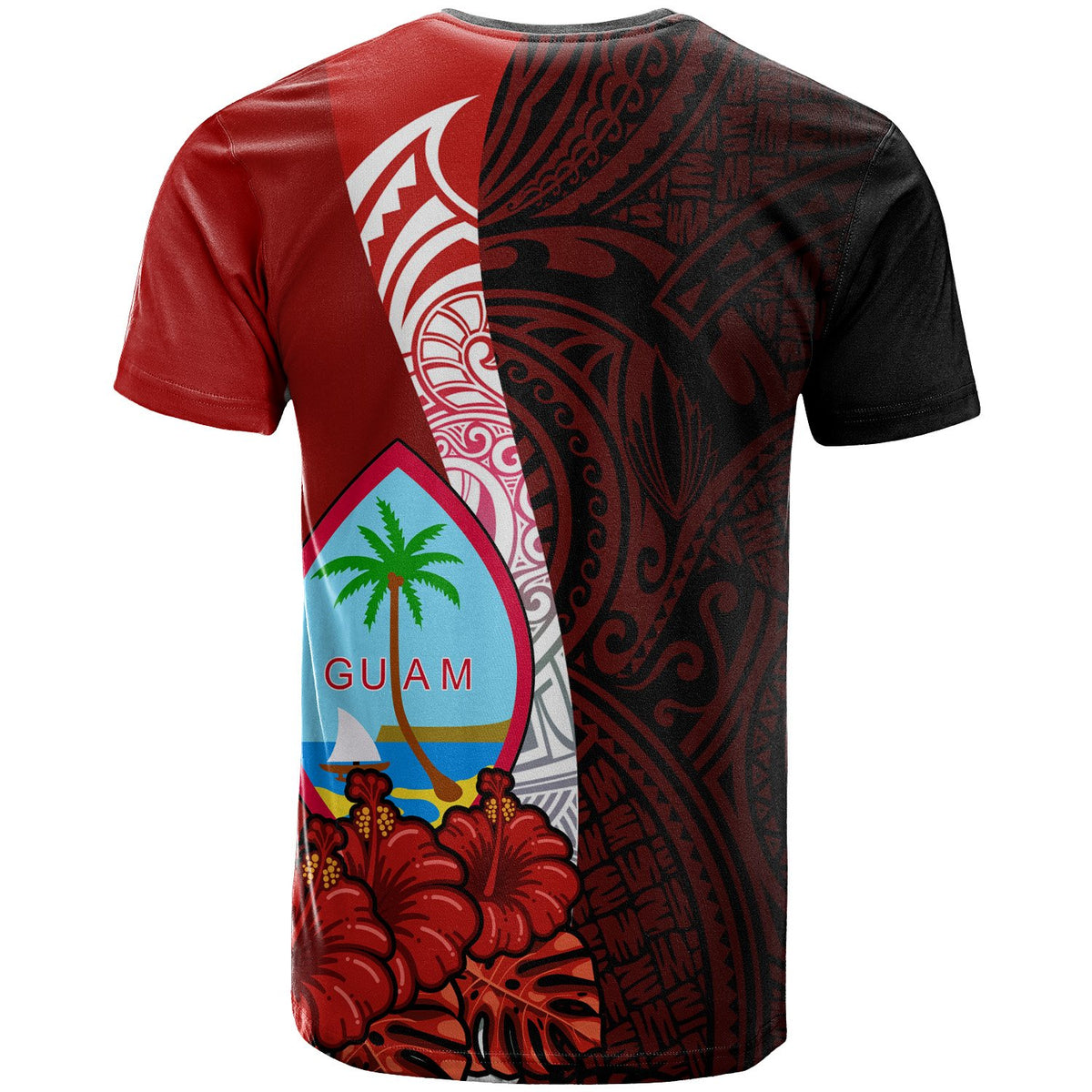 Guam Polynesian Custom T Shirt Coat of Arm With Hibiscus - Polynesian Pride