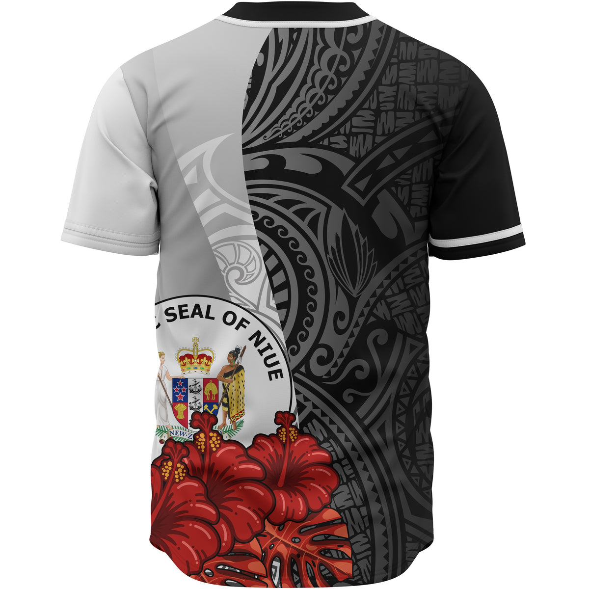 Niue Polynesian Custom Personalised Baseball Shirt - Coat Of Arm With Hibiscus White - Polynesian Pride