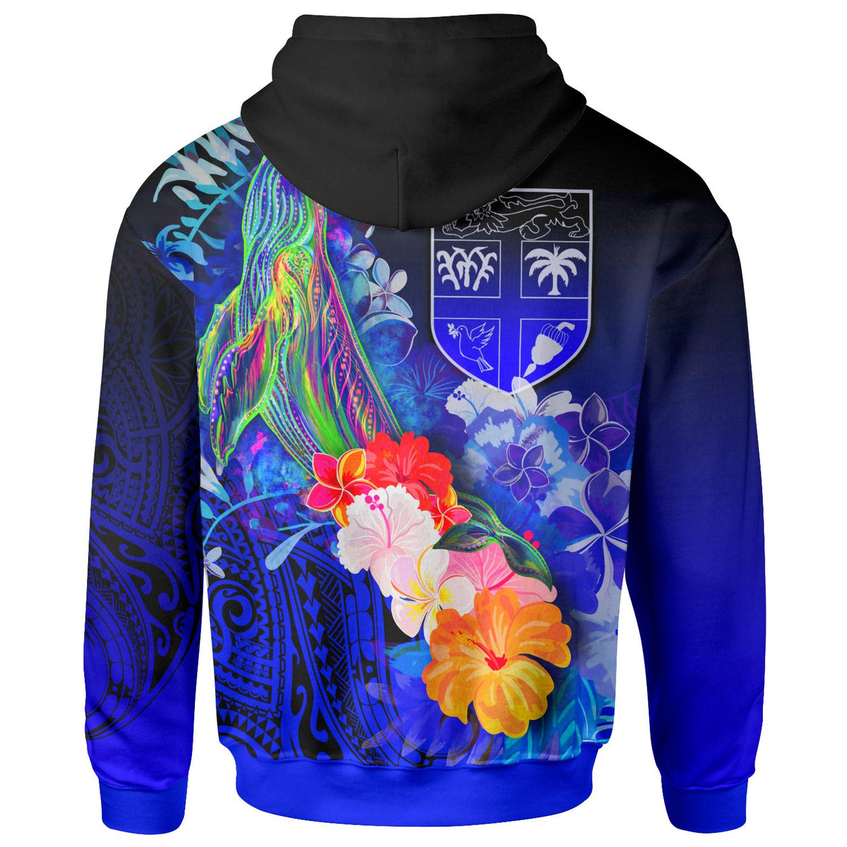 Fiji Hoodie Humpback Whale with Tropical Flowers (Blue) - Polynesian Pride