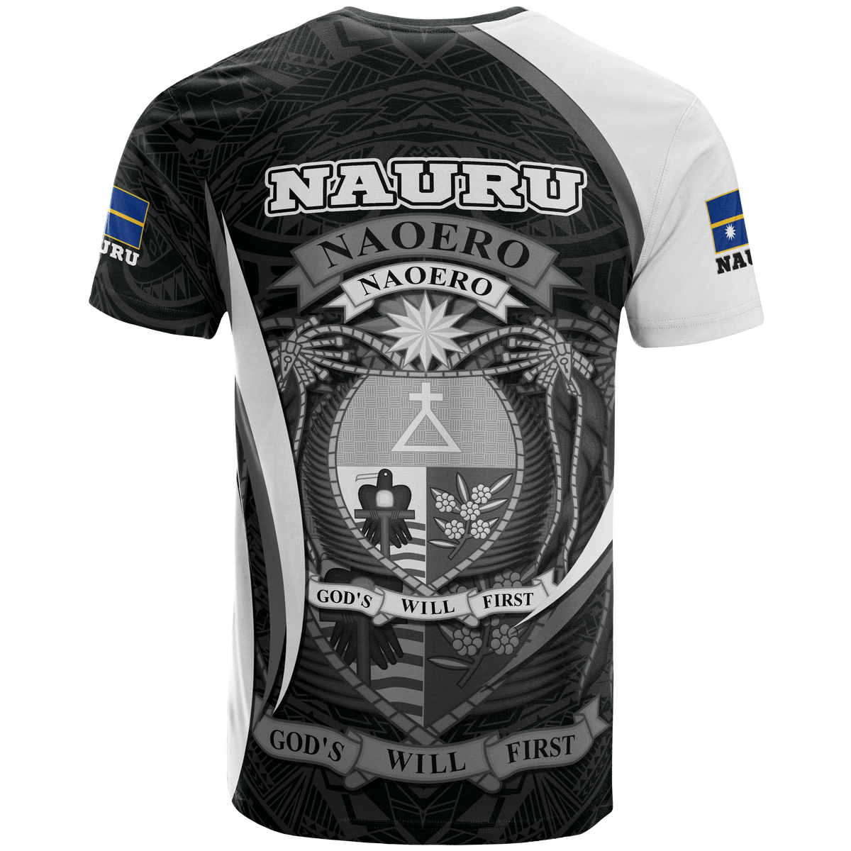 Nauru Polynesian T Shirt Nauru Flag Coat Of Arms Polynesian Tattoo White Black - Polynesian Pride