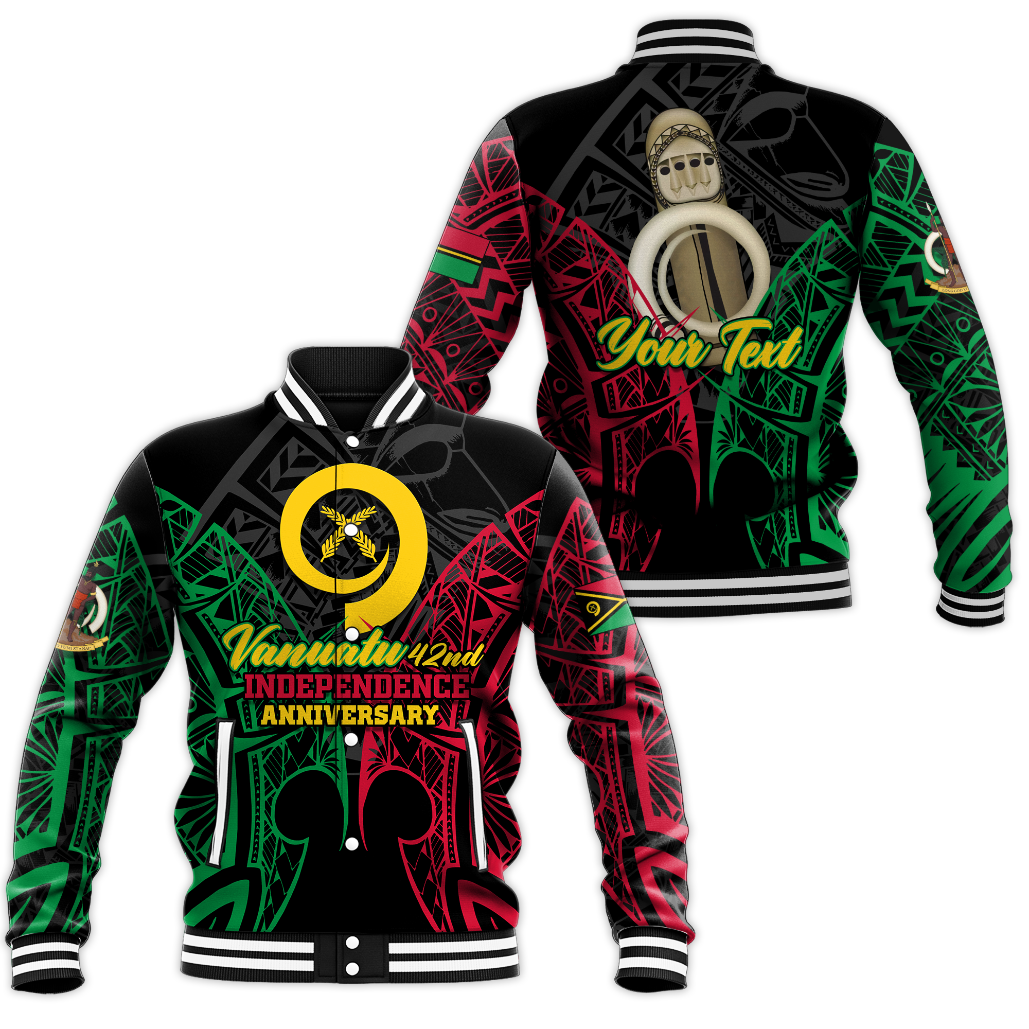 Custom Vanuatu 42nd Independence Anniversary Pride Baseball Jacket - LT12 Unisex Black - Polynesian Pride