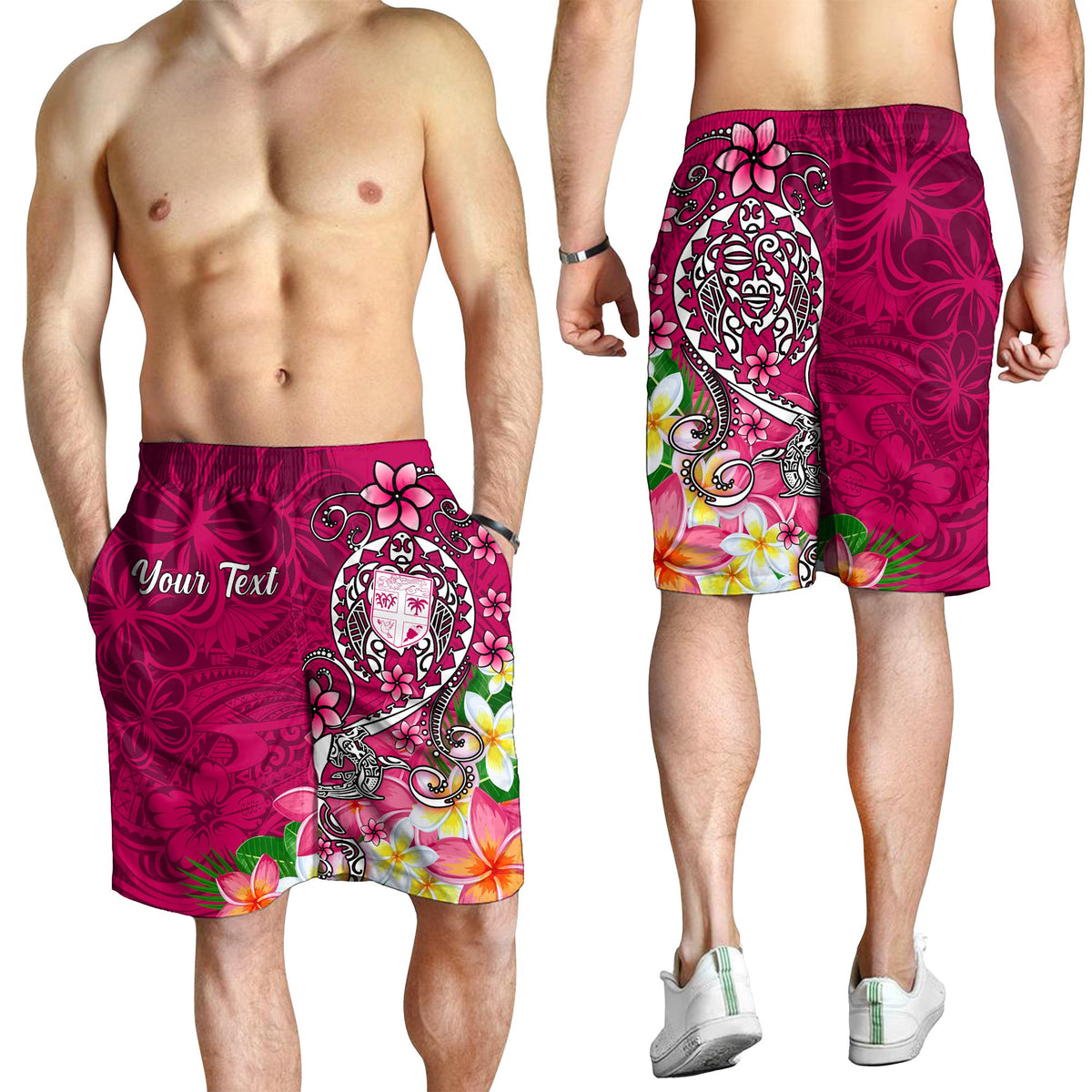 Fiji Custom Personalised Men's Shorts - Turtle Plumeria (Pink) - Polynesian Pride