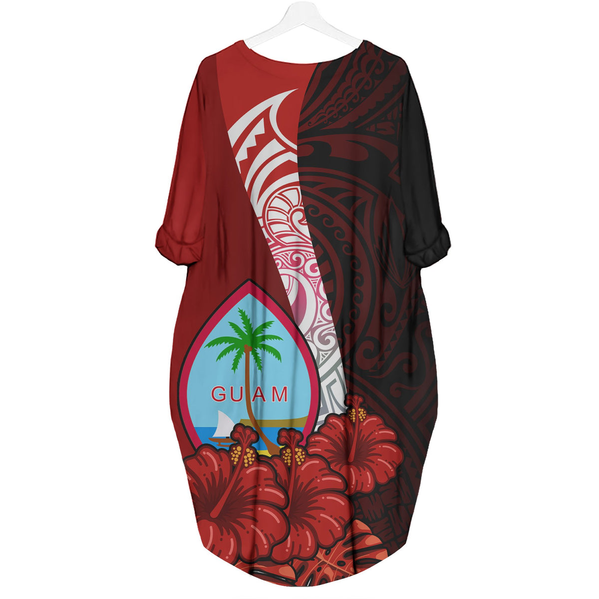 Guam Polynesian Custom Personalised Batwing Pocket Dress - Hibiscus With Coat Of Arm - Polynesian Pride