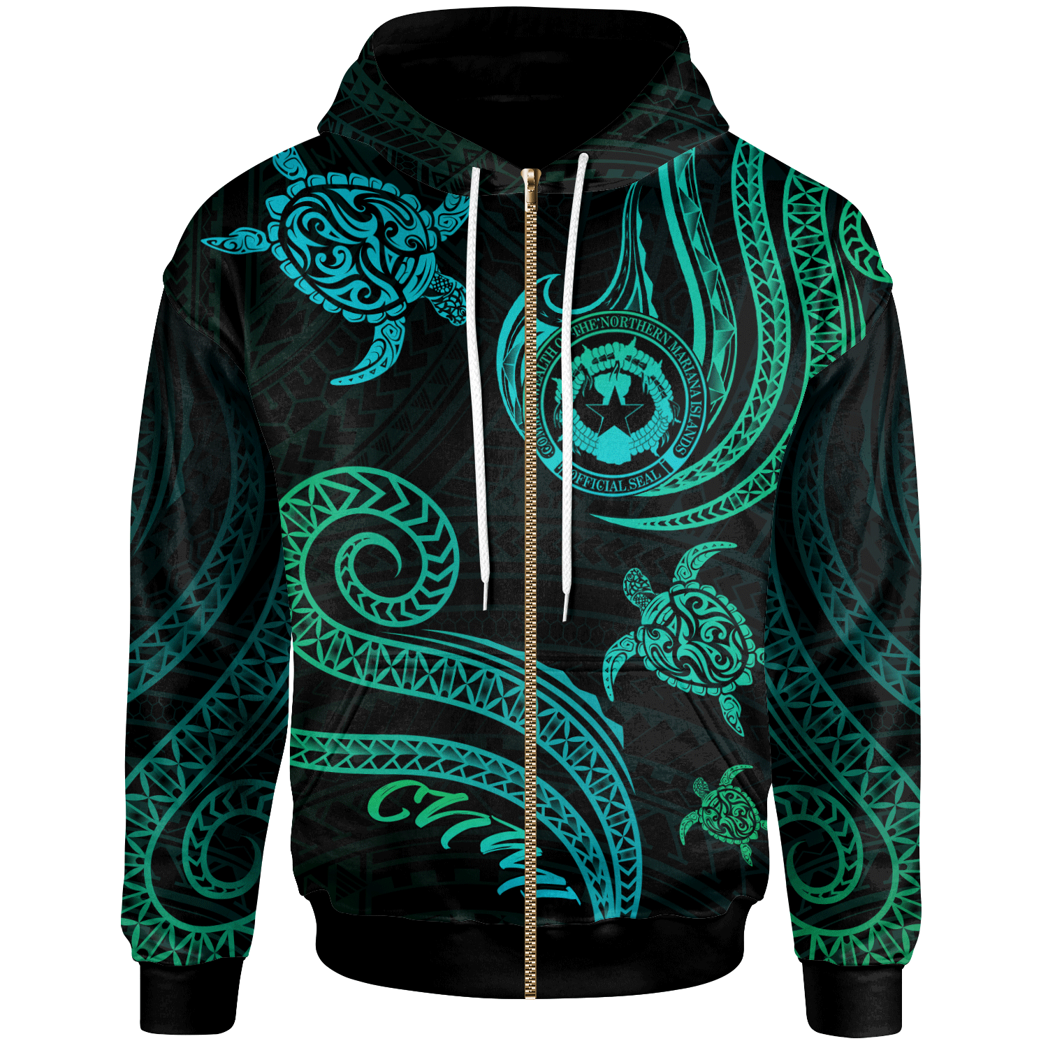 Northern Mariana Islands Zip Hoodie Polynesian Turtle With Pattern Unisex Blue Green - Polynesian Pride