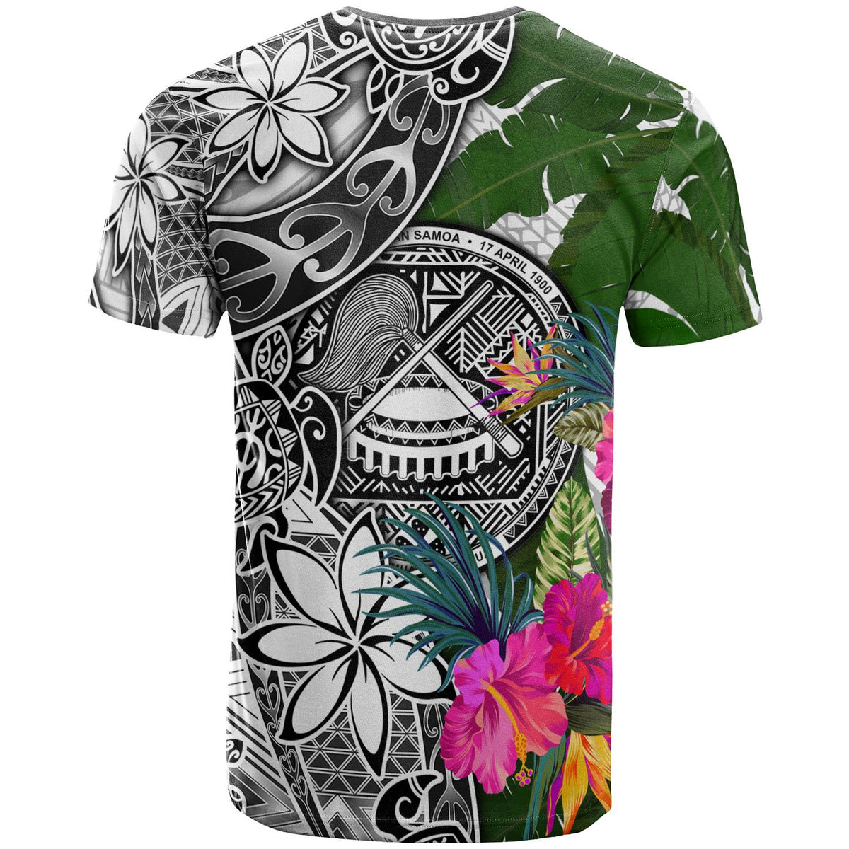 American Samoa T Shirt White Turtle Plumeria Banana Leaf - Polynesian Pride