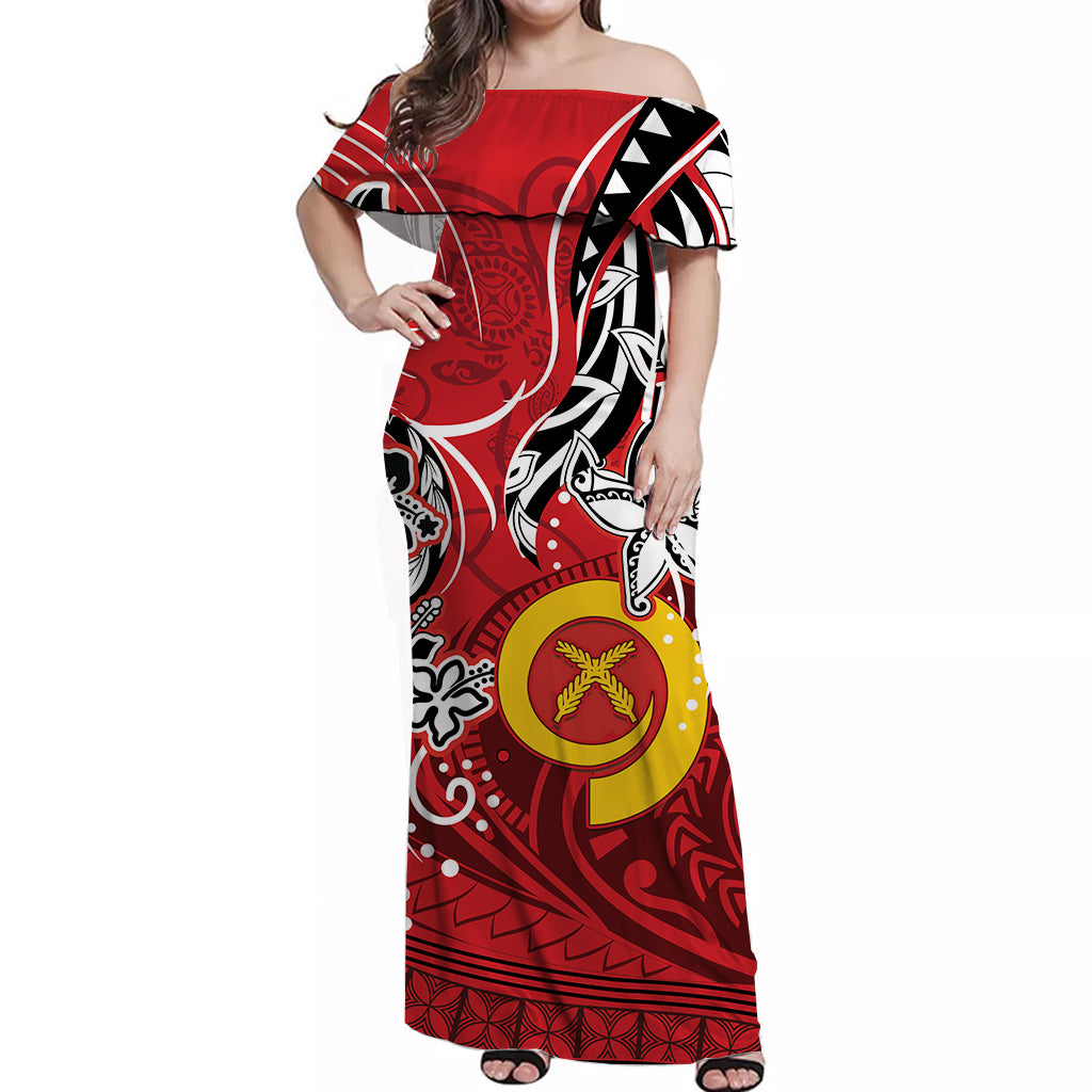 Vanuatu Color Off Shoulder Long Dress Pig Tusk Version Red LT13 Long Dress Red - Polynesian Pride