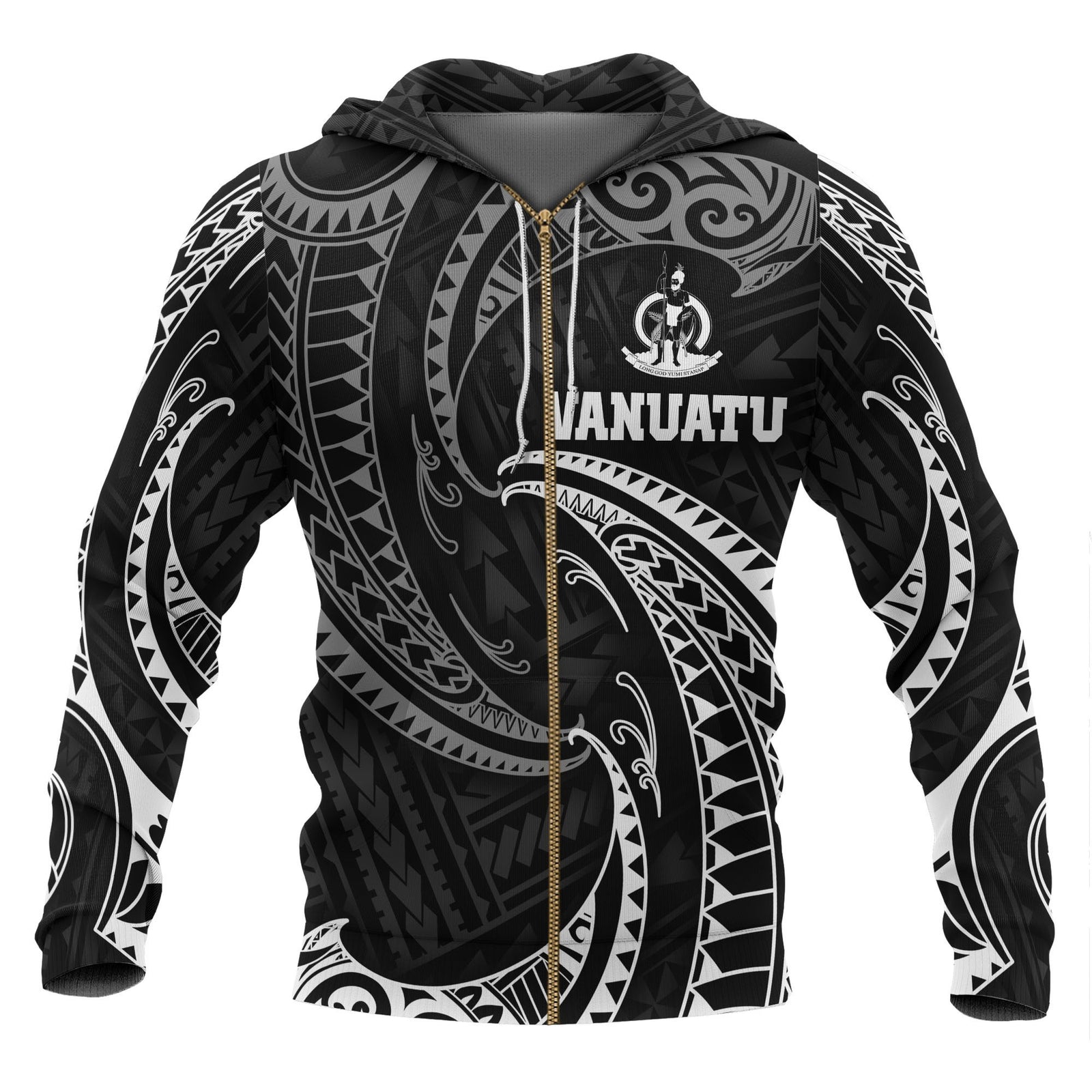 Vanuatu Polynesian Zip up Hoodie White Tribal Wave Unisex Black - Polynesian Pride