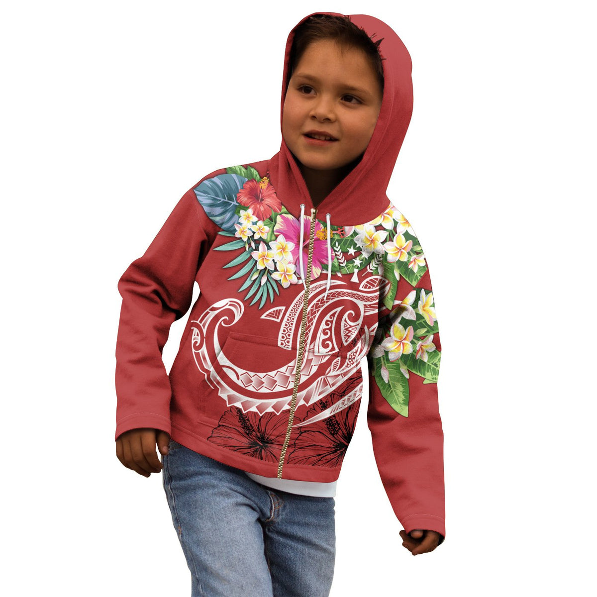 Kosrae Polynesian Zip up Hoodie Summer Plumeria (Red) - Polynesian Pride
